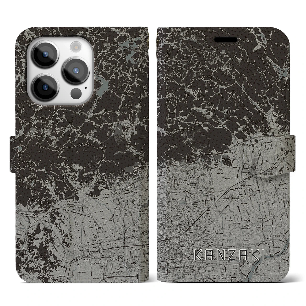 【神埼(佐賀県)】地図柄iPhoneケース(手帳タイプ)モノトーン・iPhone 14 Pro 用