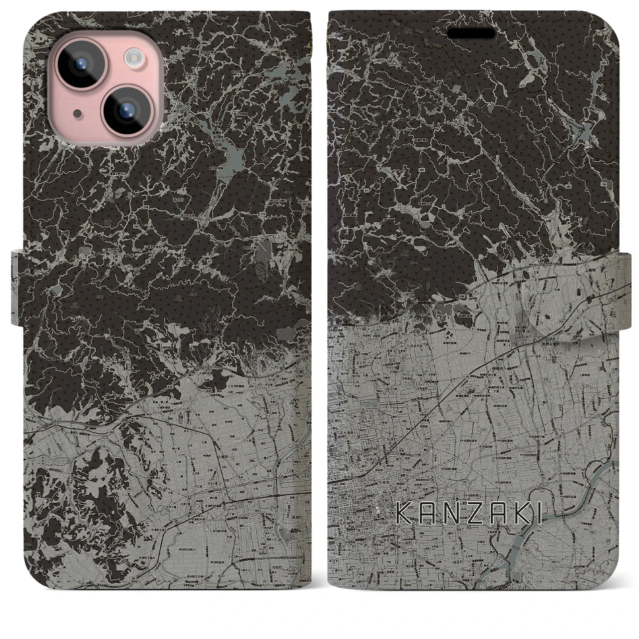 【神埼(佐賀県)】地図柄iPhoneケース(手帳タイプ)モノトーン・iPhone 15 Plus 用