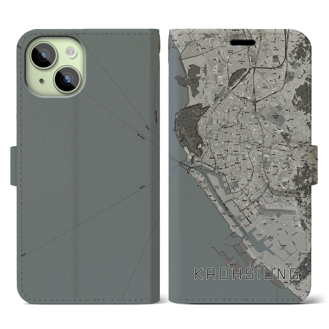 【高雄(台湾)】地図柄iPhoneケース(手帳タイプ)モノトーン・iPhone 15 用