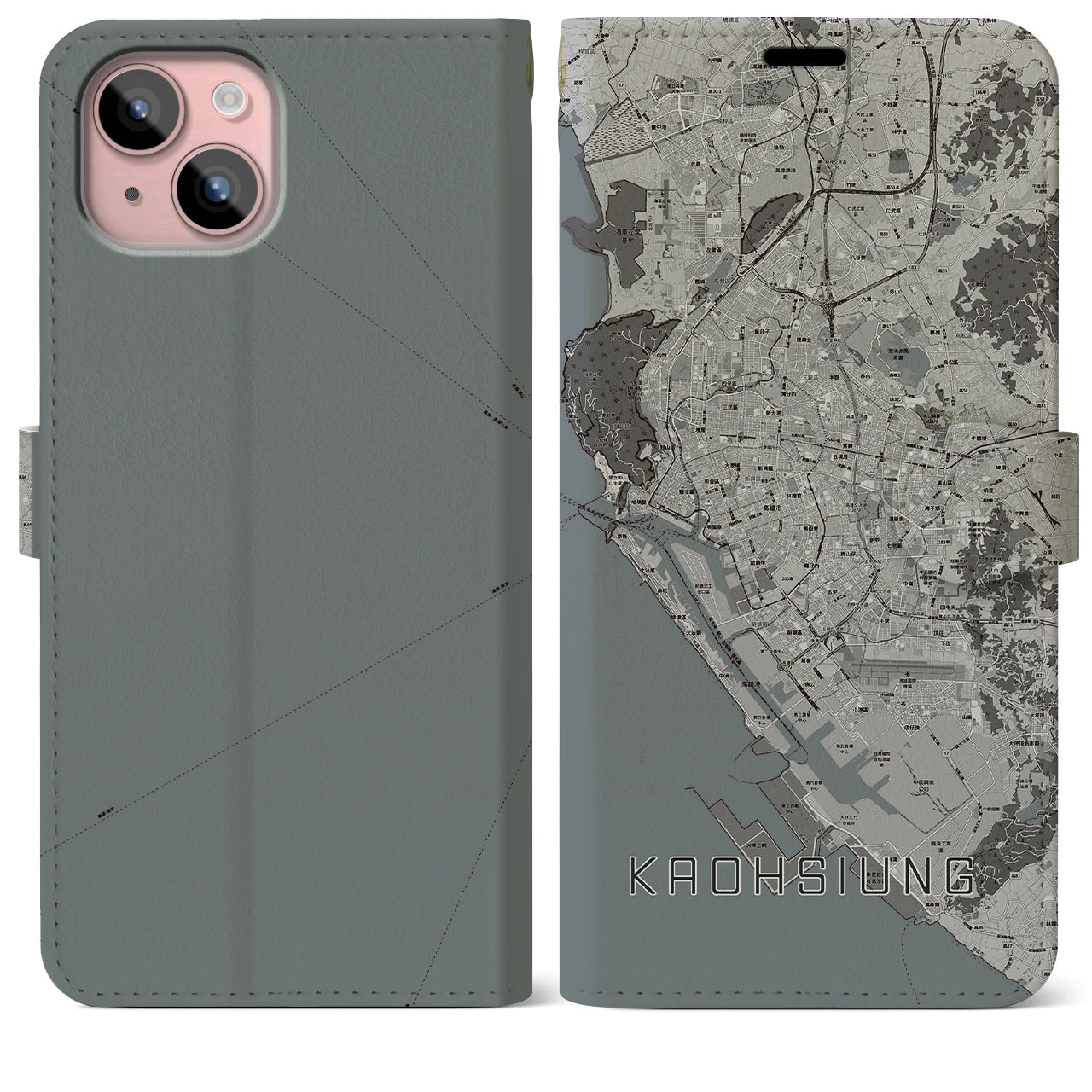 【高雄(台湾)】地図柄iPhoneケース(手帳タイプ)モノトーン・iPhone 15 Plus 用