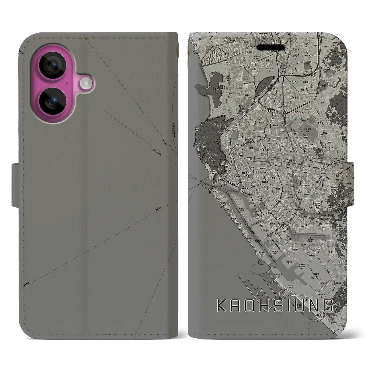 【高雄(台湾)】地図柄iPhoneケース(手帳タイプ)モノトーン・iPhone 16 Pro 用