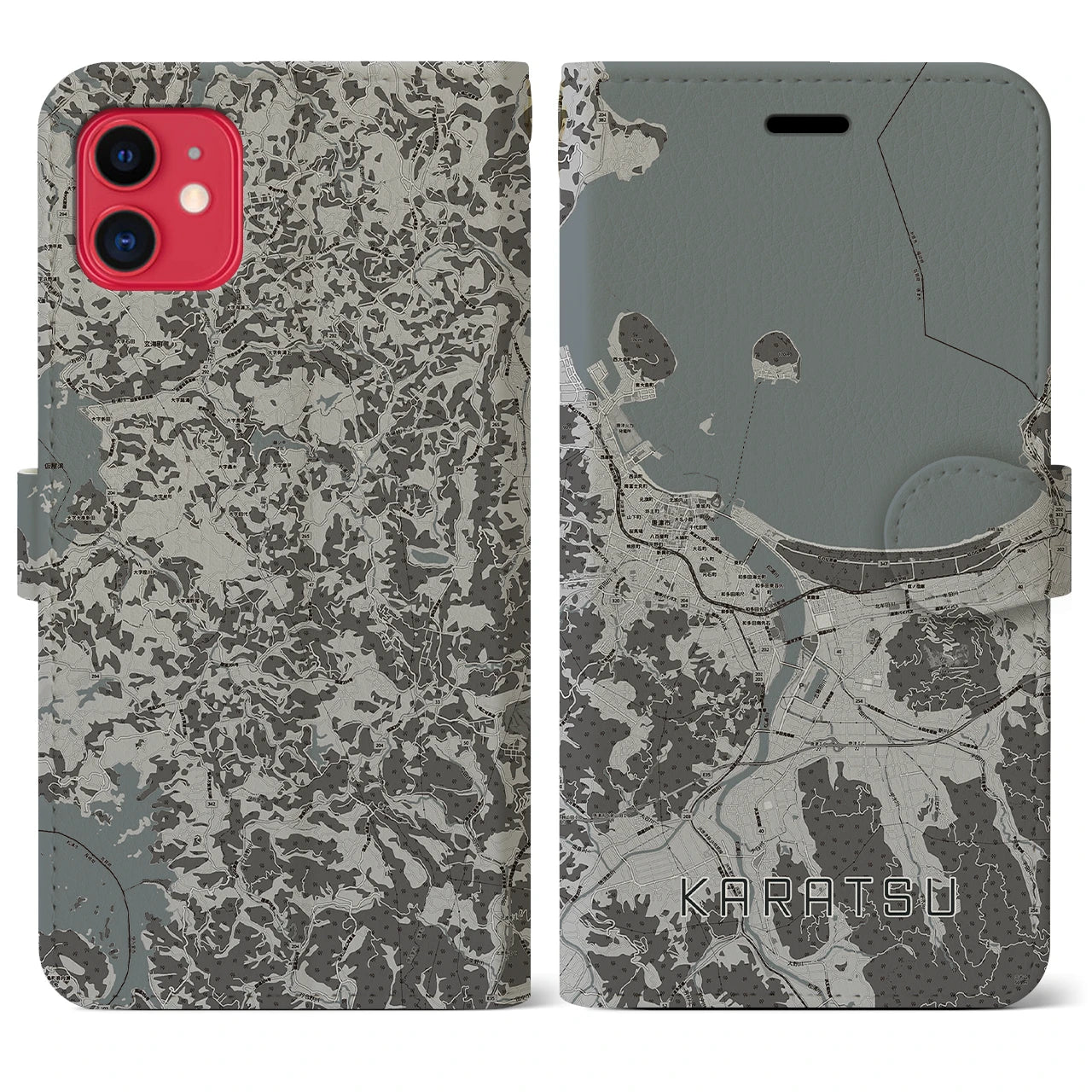 【唐津(佐賀県)】地図柄iPhoneケース(手帳タイプ)モノトーン・iPhone 11 用