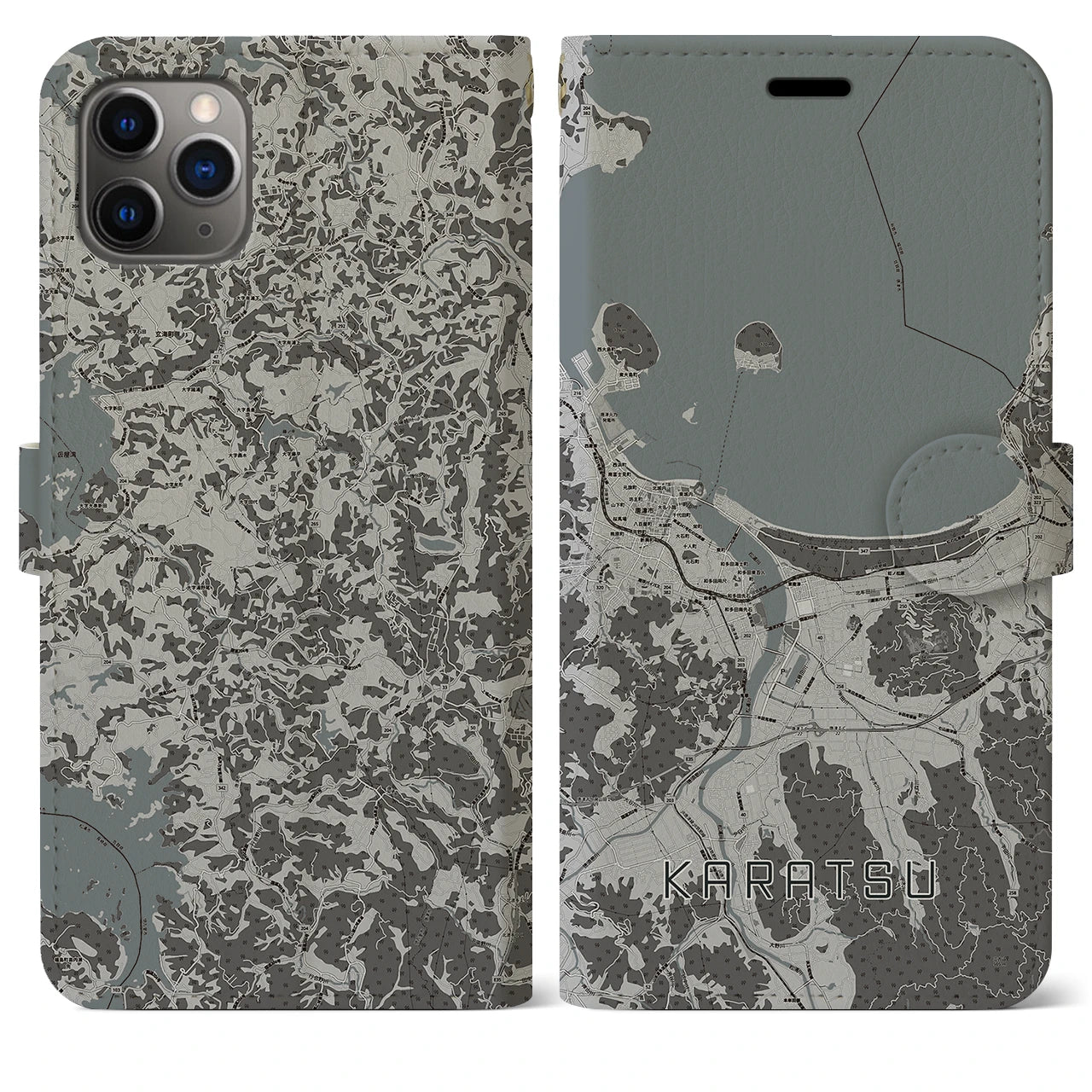 【唐津(佐賀県)】地図柄iPhoneケース(手帳タイプ)モノトーン・iPhone 11 Pro Max 用