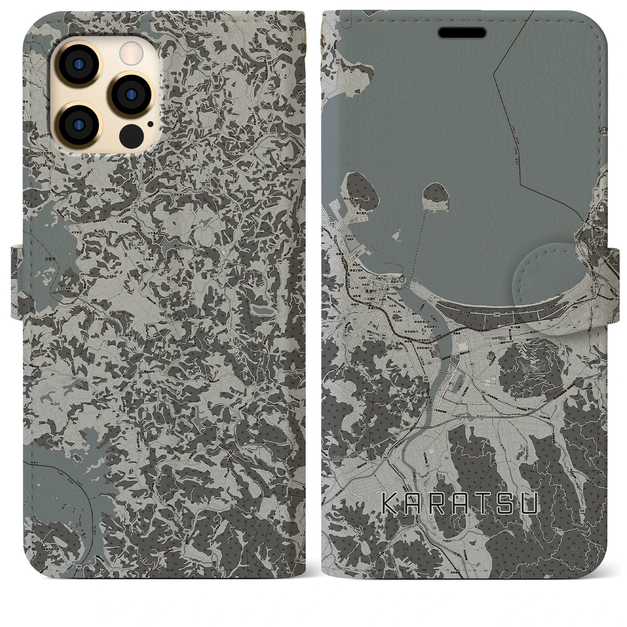 【唐津(佐賀県)】地図柄iPhoneケース(手帳タイプ)モノトーン・iPhone 12 Pro Max 用