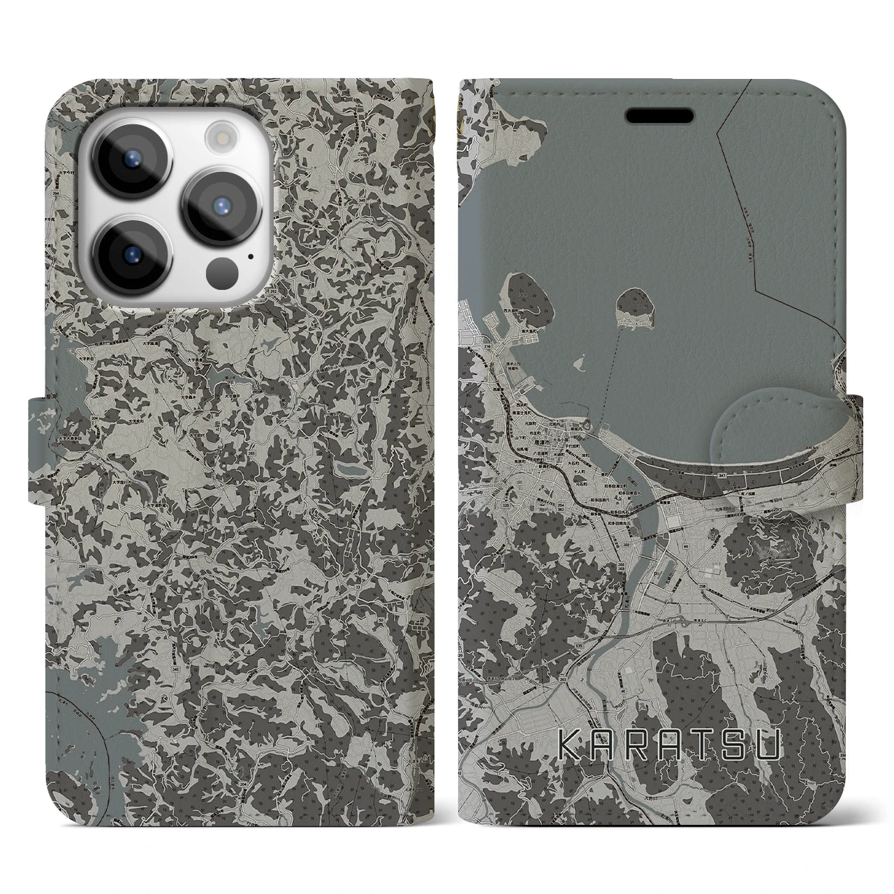 【唐津(佐賀県)】地図柄iPhoneケース(手帳タイプ)モノトーン・iPhone 14 Pro 用