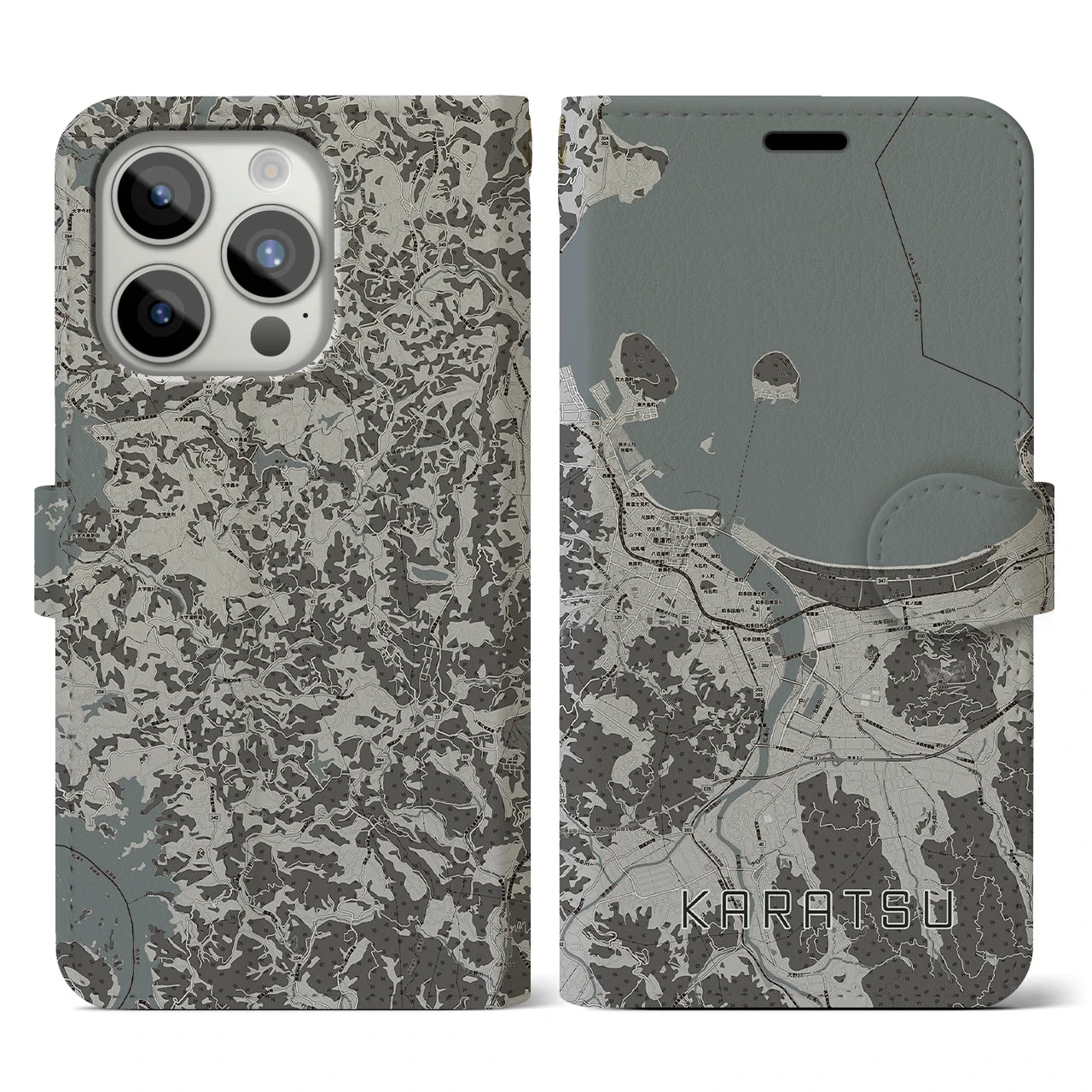 【唐津(佐賀県)】地図柄iPhoneケース(手帳タイプ)モノトーン・iPhone 15 Pro 用