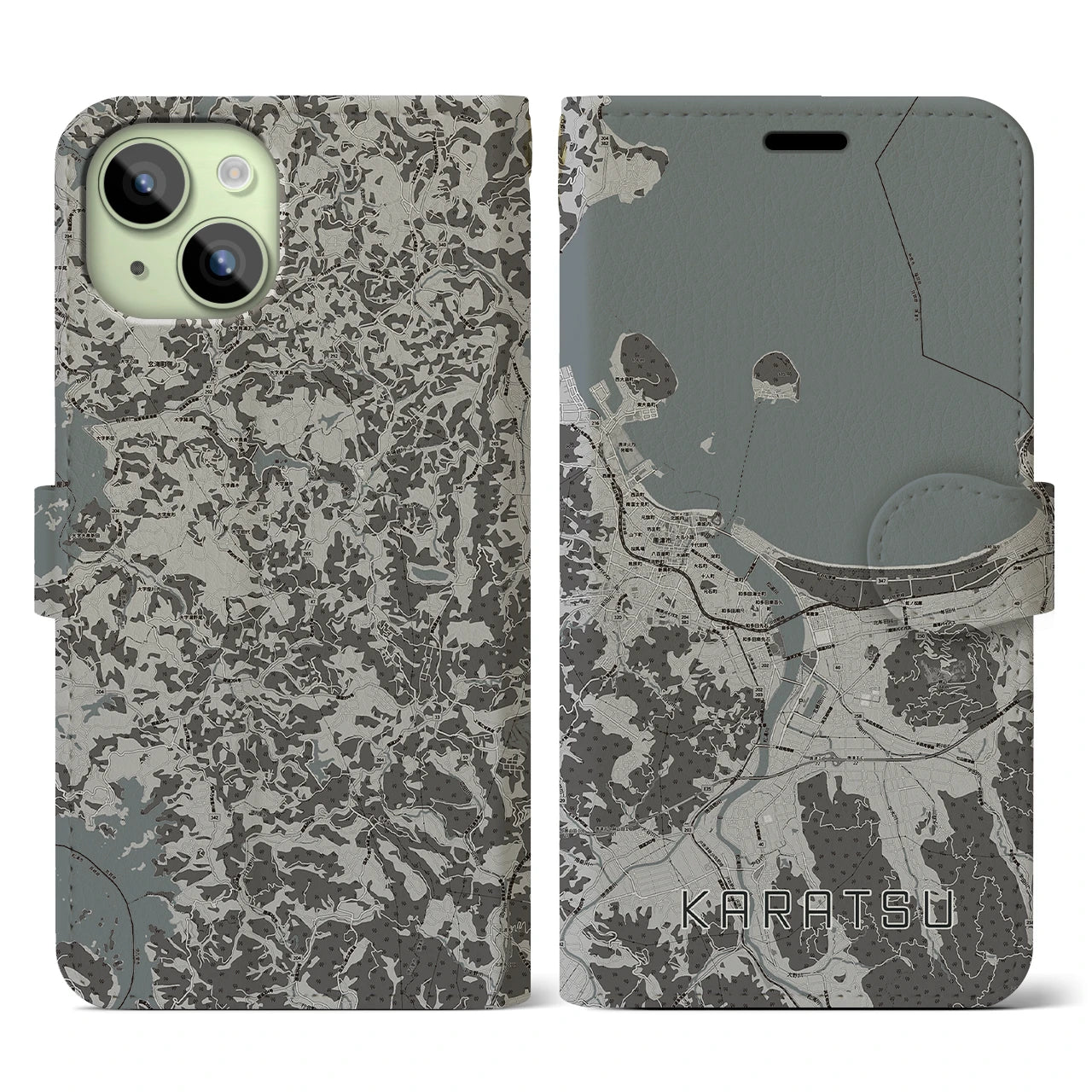 【唐津(佐賀県)】地図柄iPhoneケース(手帳タイプ)モノトーン・iPhone 15 用