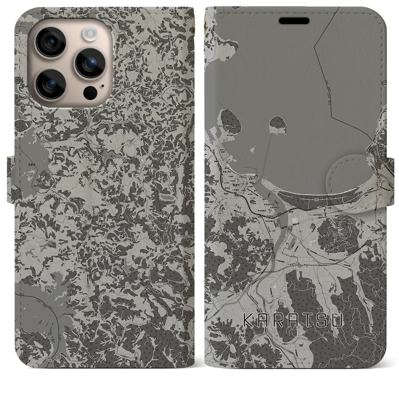 【唐津(佐賀県)】地図柄iPhoneケース(手帳タイプ)モノトーン・iPhone 16 Plus 用