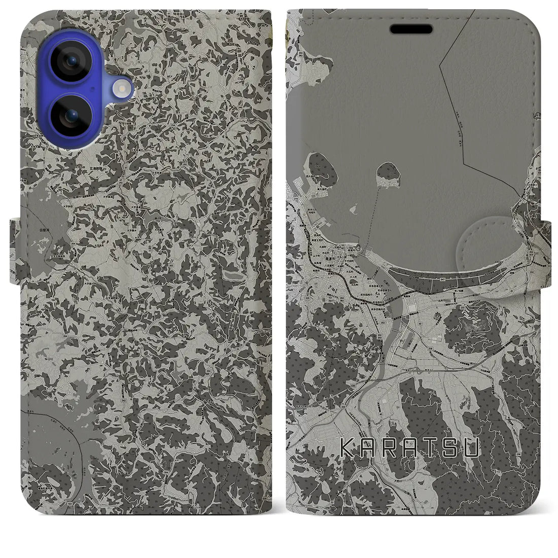 【唐津(佐賀県)】地図柄iPhoneケース(手帳タイプ)モノトーン・iPhone 16 Pro Max 用