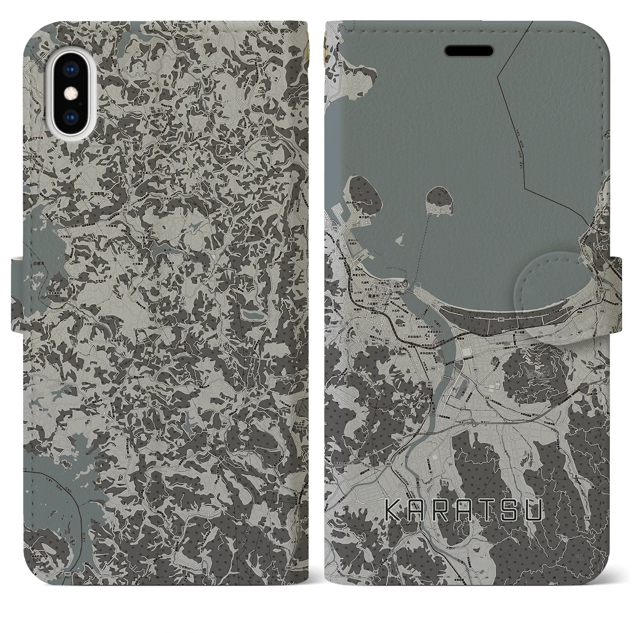 【唐津(佐賀県)】地図柄iPhoneケース(手帳タイプ)モノトーン・iPhone XS Max 用