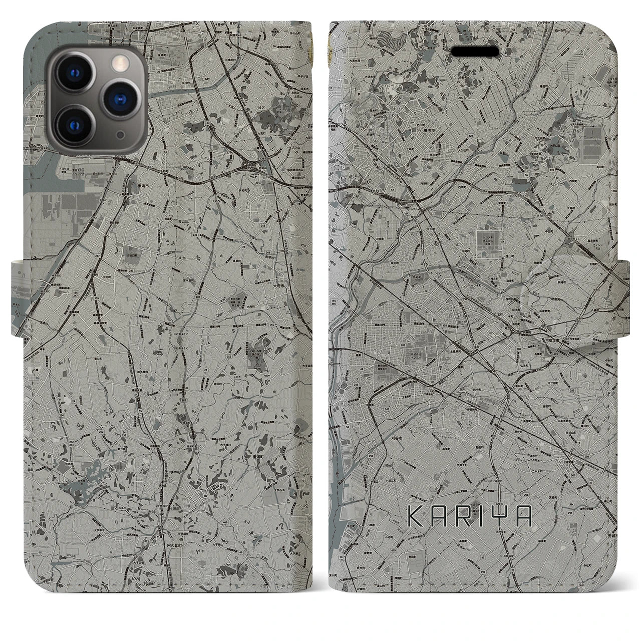 【刈谷(愛知県)】地図柄iPhoneケース(手帳タイプ)モノトーン・iPhone 11 Pro Max 用