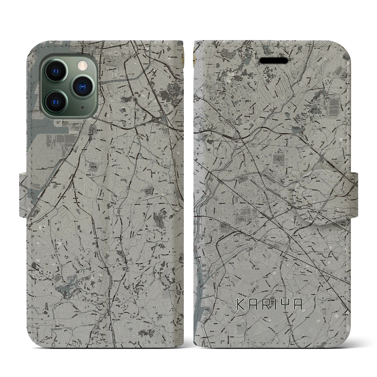 【刈谷(愛知県)】地図柄iPhoneケース(手帳タイプ)モノトーン・iPhone 11 Pro 用