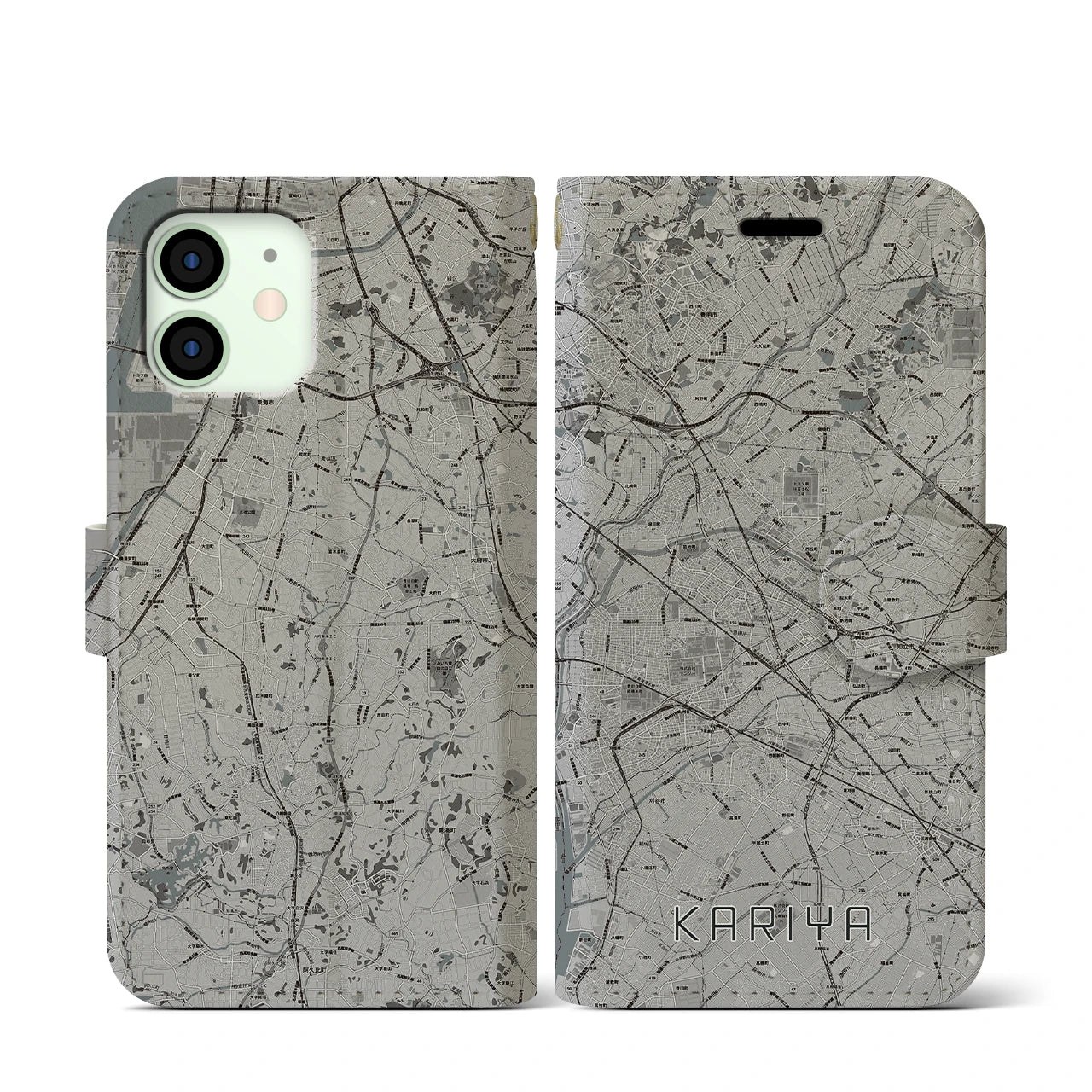 【刈谷(愛知県)】地図柄iPhoneケース(手帳タイプ)モノトーン・iPhone 12 mini 用