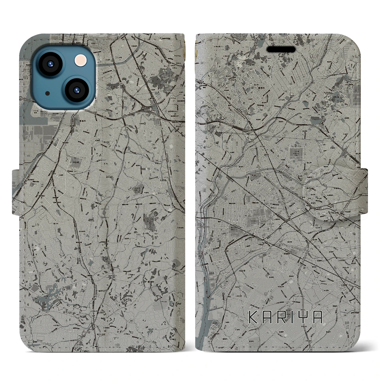 【刈谷(愛知県)】地図柄iPhoneケース(手帳タイプ)モノトーン・iPhone 13 用