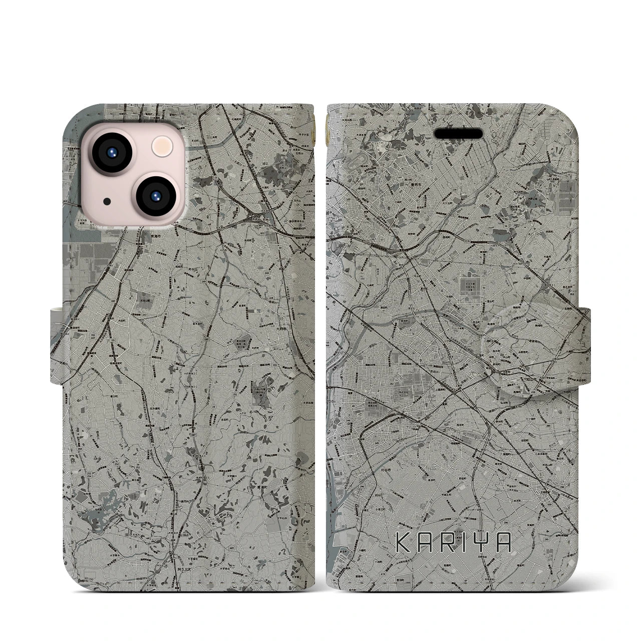 【刈谷(愛知県)】地図柄iPhoneケース(手帳タイプ)モノトーン・iPhone 13 mini 用