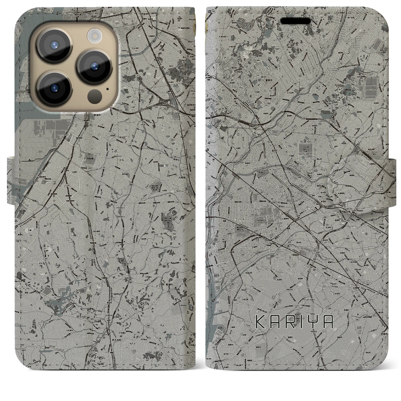 【刈谷(愛知県)】地図柄iPhoneケース(手帳タイプ)モノトーン・iPhone 14 Pro Max 用