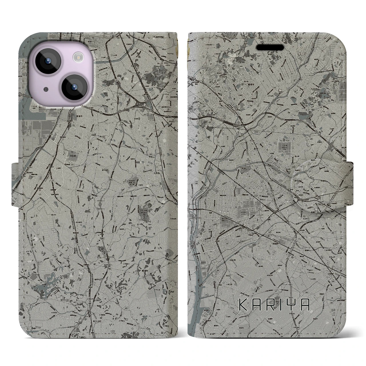 【刈谷(愛知県)】地図柄iPhoneケース(手帳タイプ)モノトーン・iPhone 14 用