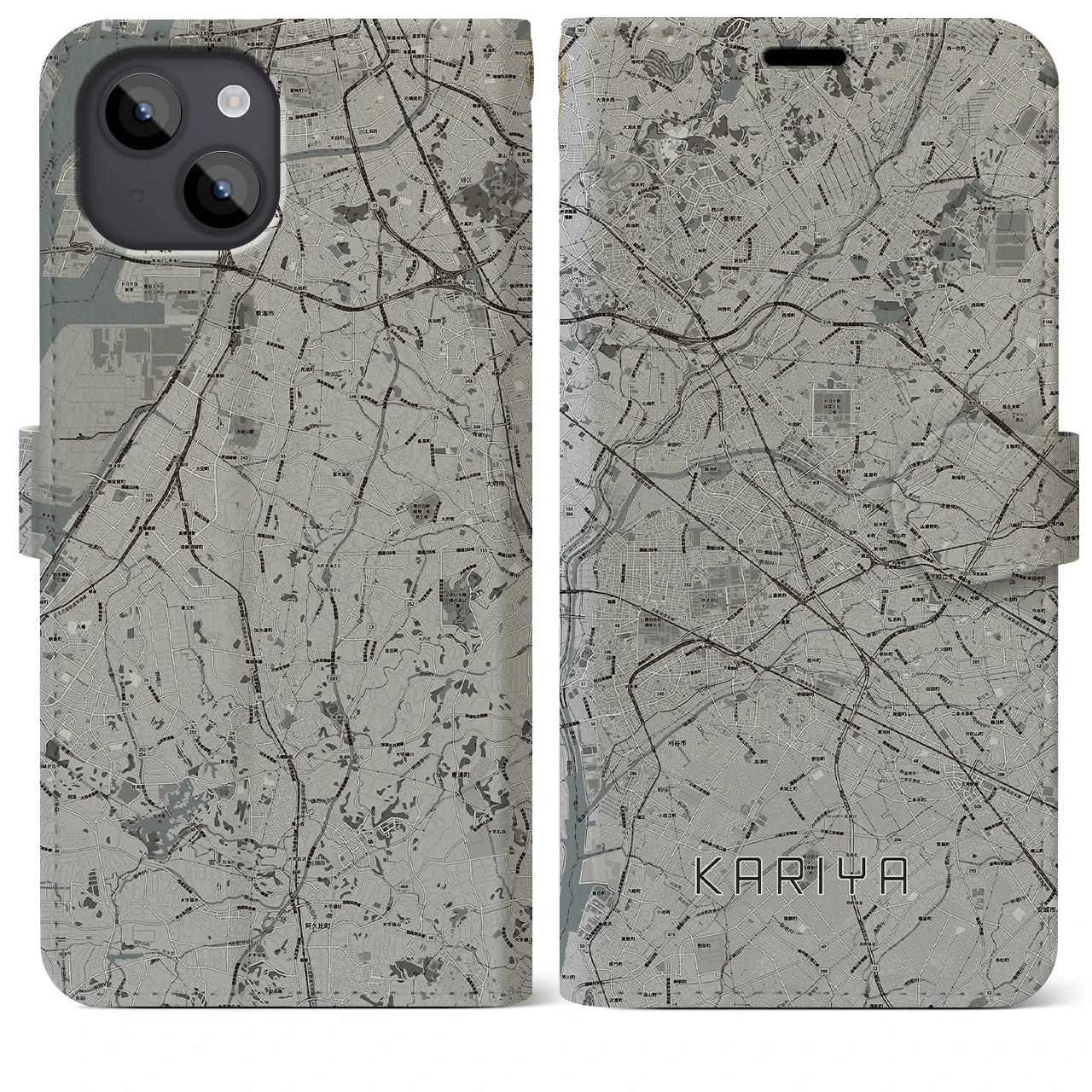 【刈谷(愛知県)】地図柄iPhoneケース(手帳タイプ)モノトーン・iPhone 14 Plus 用