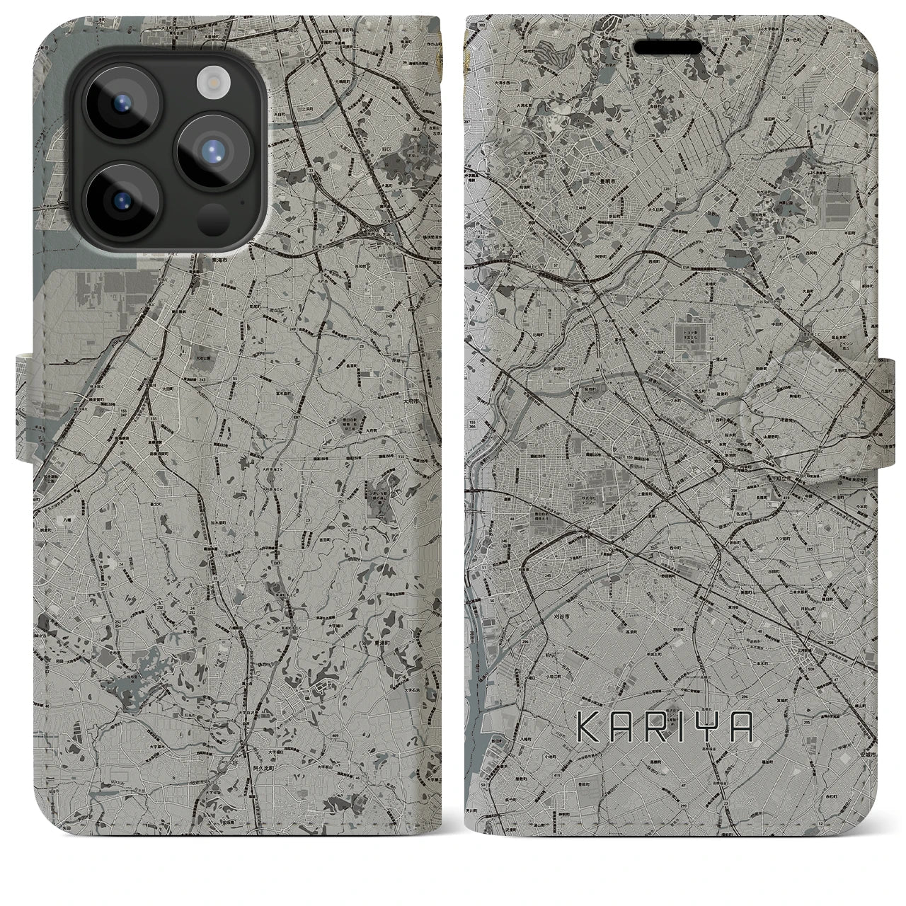 【刈谷(愛知県)】地図柄iPhoneケース(手帳タイプ)モノトーン・iPhone 15 Pro Max 用