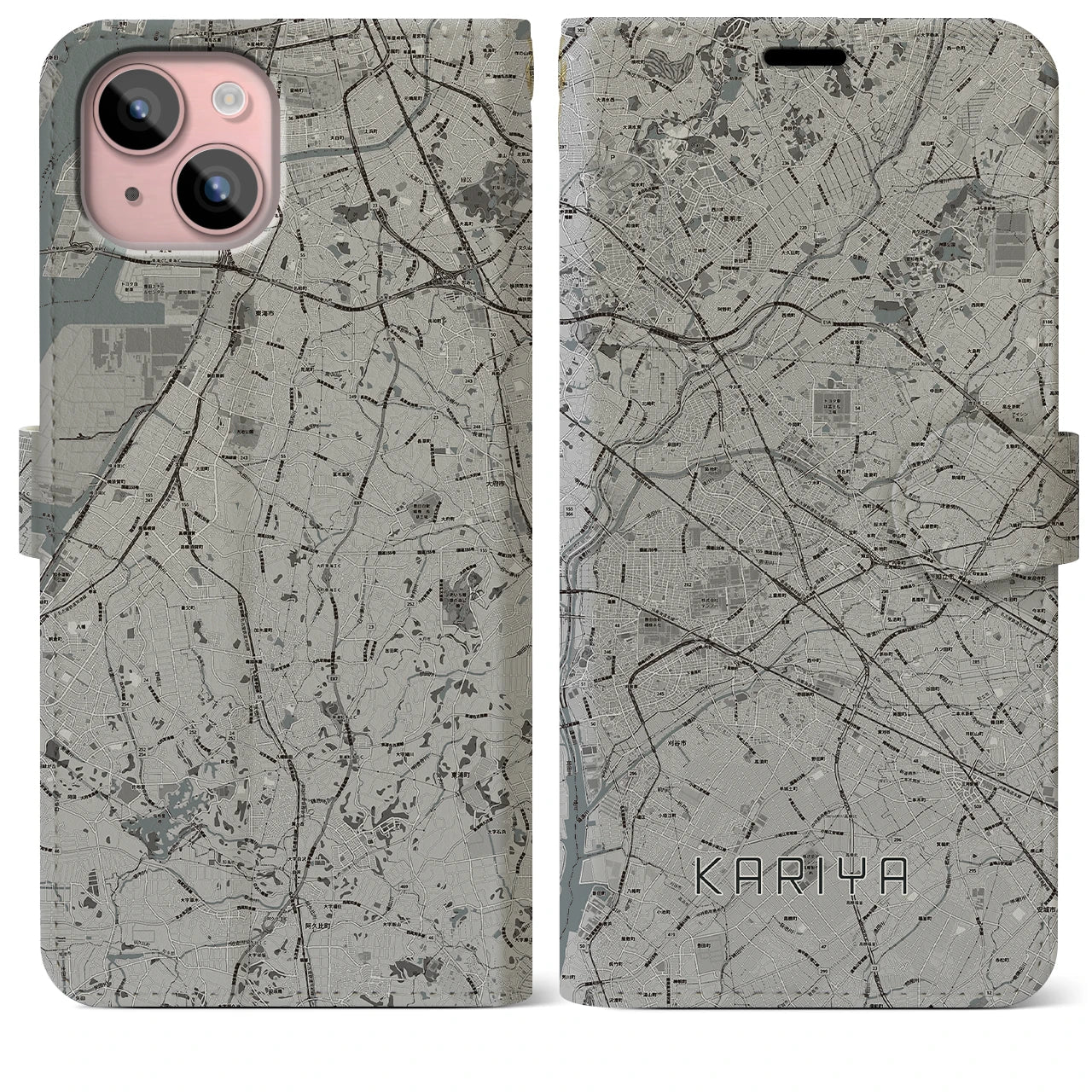 【刈谷(愛知県)】地図柄iPhoneケース(手帳タイプ)モノトーン・iPhone 15 Plus 用
