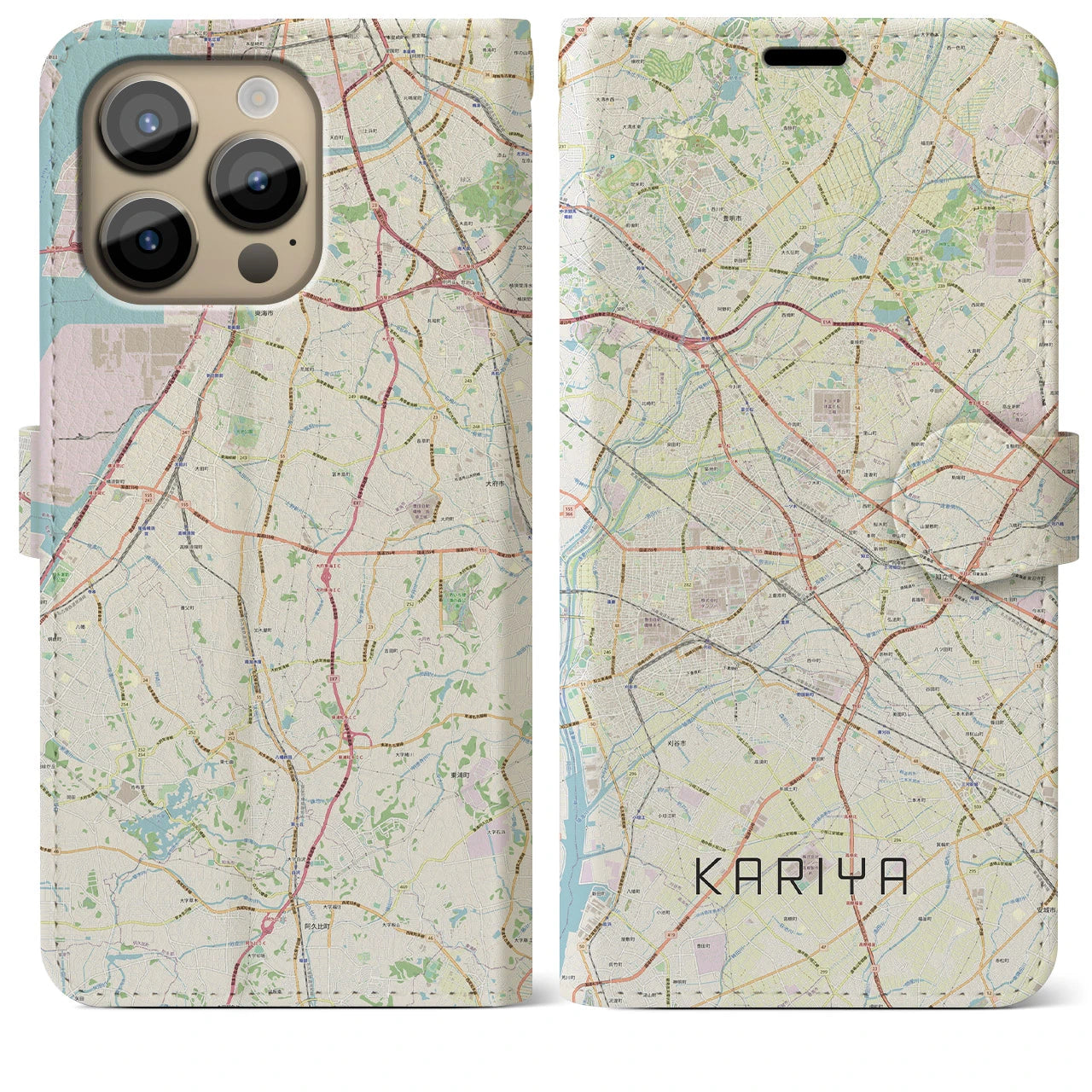 【刈谷(愛知県)】地図柄iPhoneケース(手帳タイプ)ナチュラル・iPhone 14 Pro Max 用