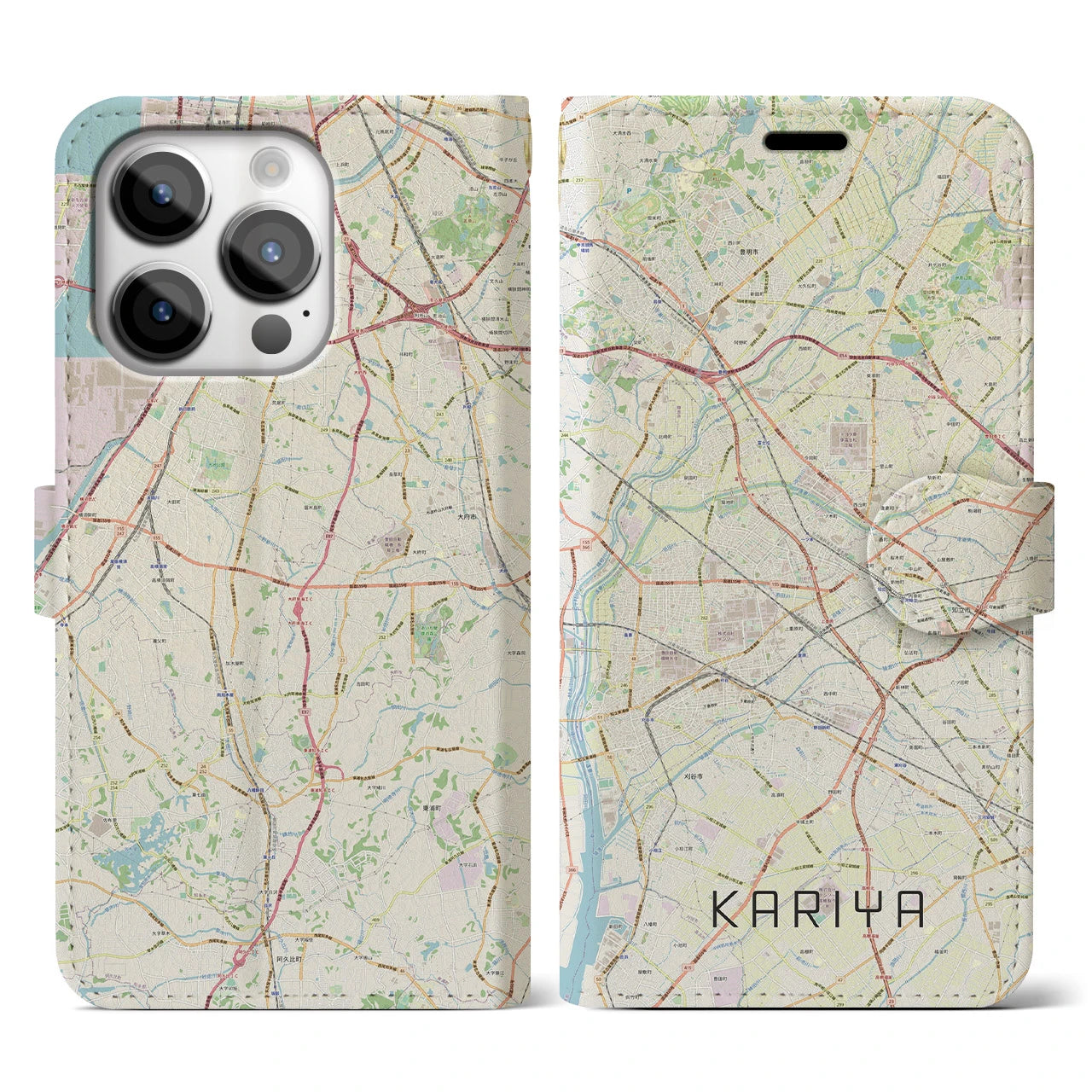 【刈谷(愛知県)】地図柄iPhoneケース(手帳タイプ)ナチュラル・iPhone 14 Pro 用