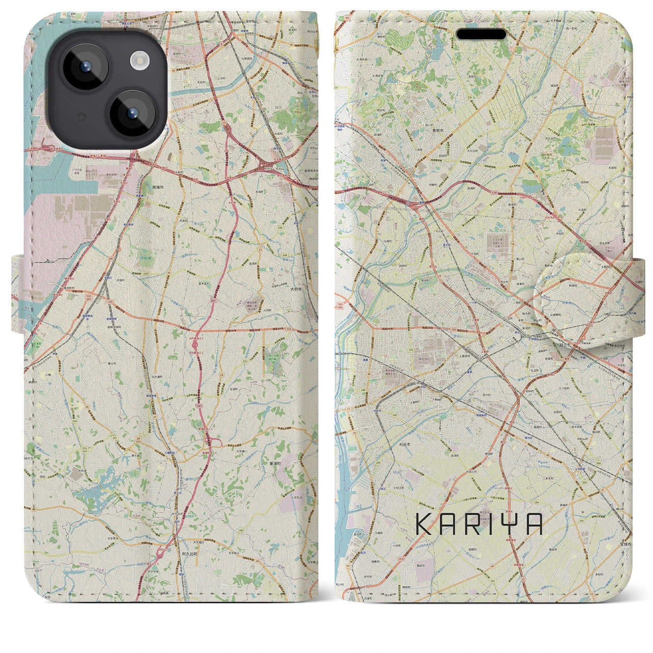 【刈谷(愛知県)】地図柄iPhoneケース(手帳タイプ)ナチュラル・iPhone 14 Plus 用
