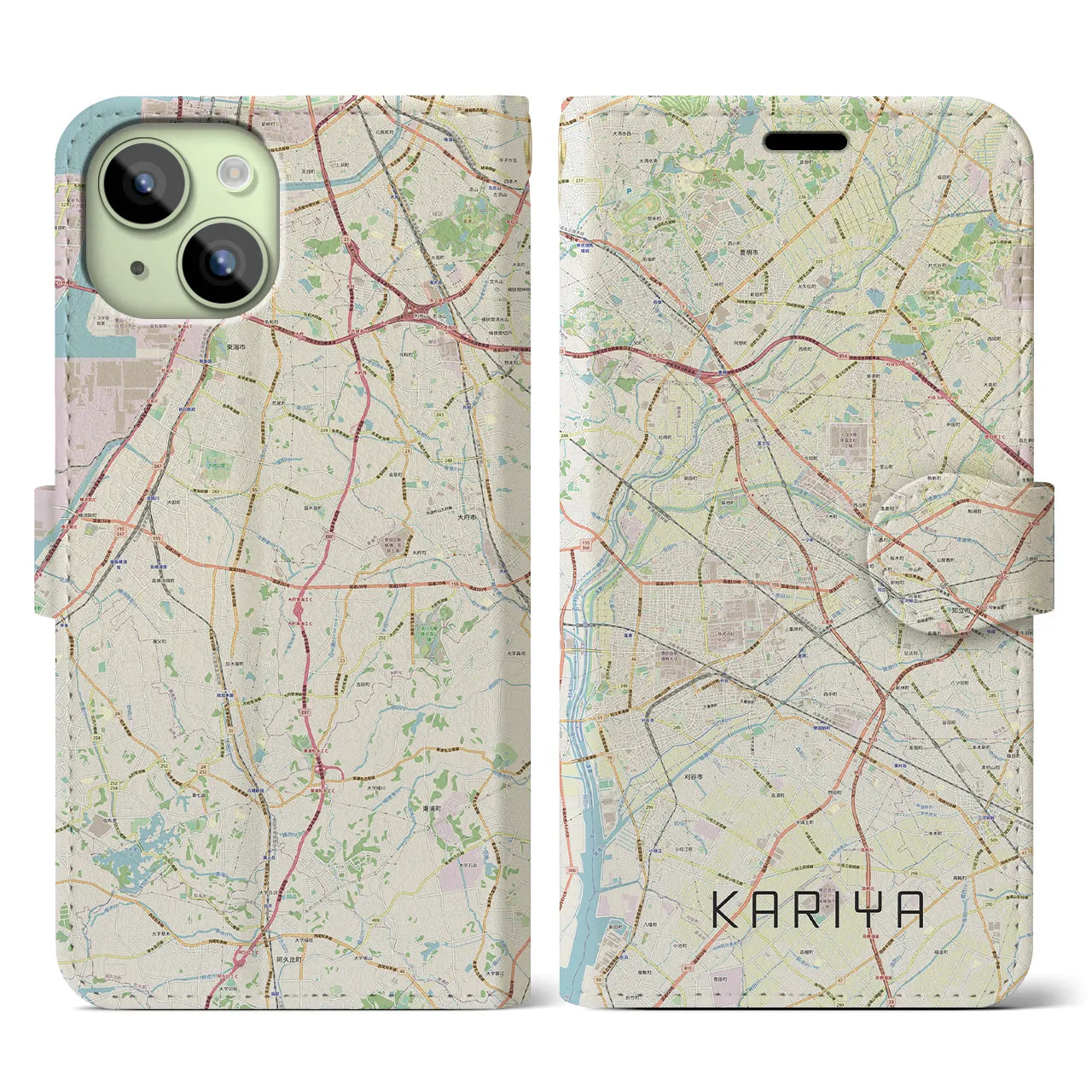 【刈谷(愛知県)】地図柄iPhoneケース(手帳タイプ)ナチュラル・iPhone 15 用