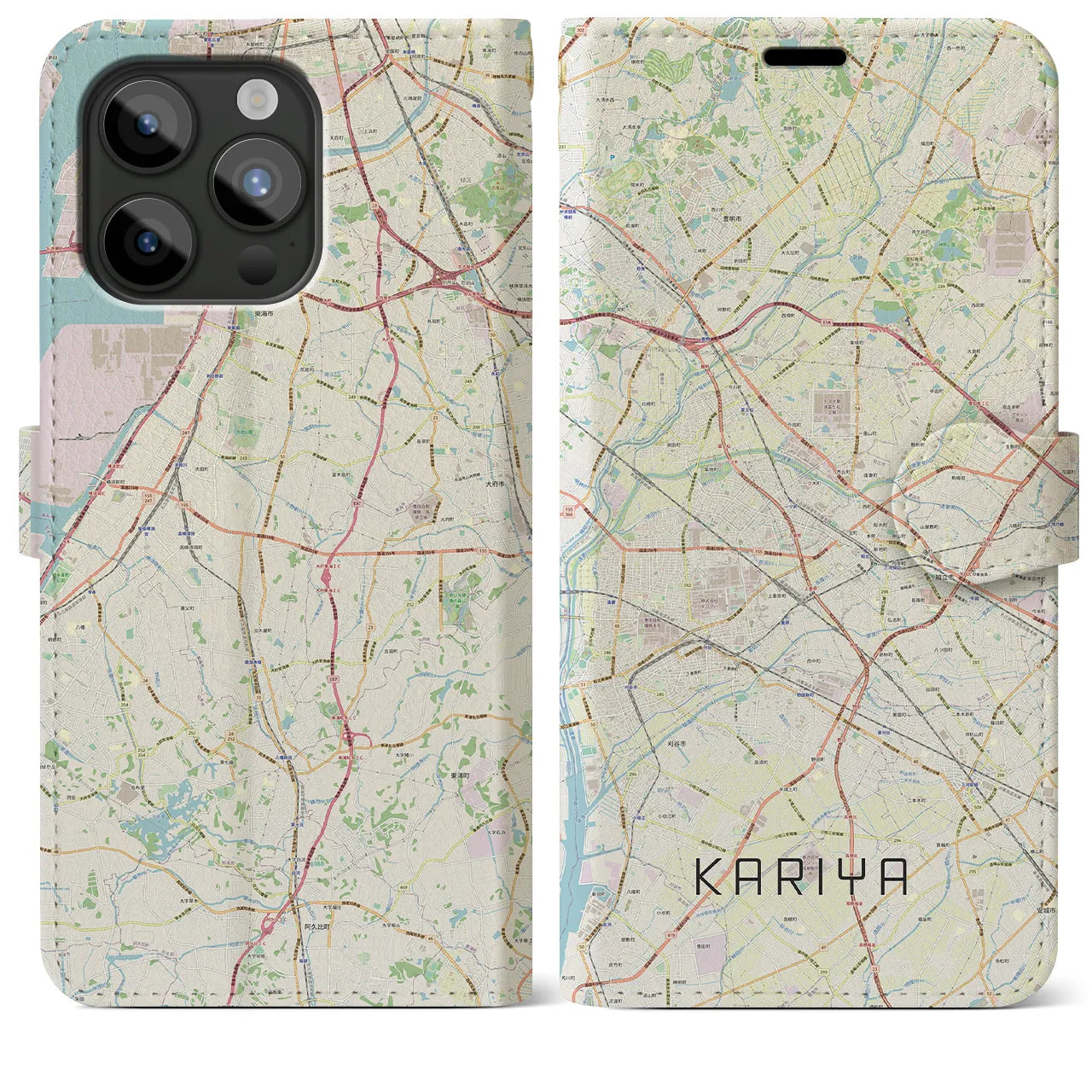 【刈谷(愛知県)】地図柄iPhoneケース(手帳タイプ)ナチュラル・iPhone 15 Pro Max 用