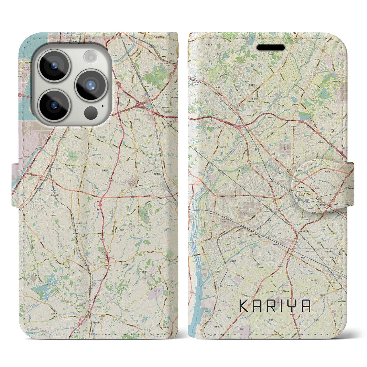 【刈谷(愛知県)】地図柄iPhoneケース(手帳タイプ)ナチュラル・iPhone 15 Pro 用