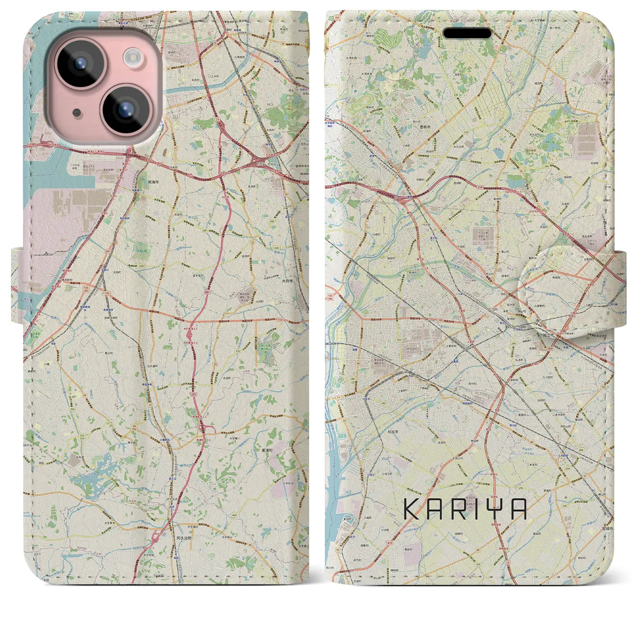 【刈谷(愛知県)】地図柄iPhoneケース(手帳タイプ)ナチュラル・iPhone 15 Plus 用
