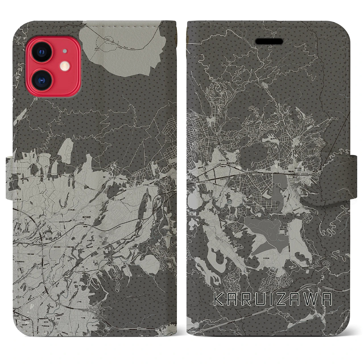 【軽井沢(長野県)】地図柄iPhoneケース(手帳タイプ)モノトーン・iPhone 11 用