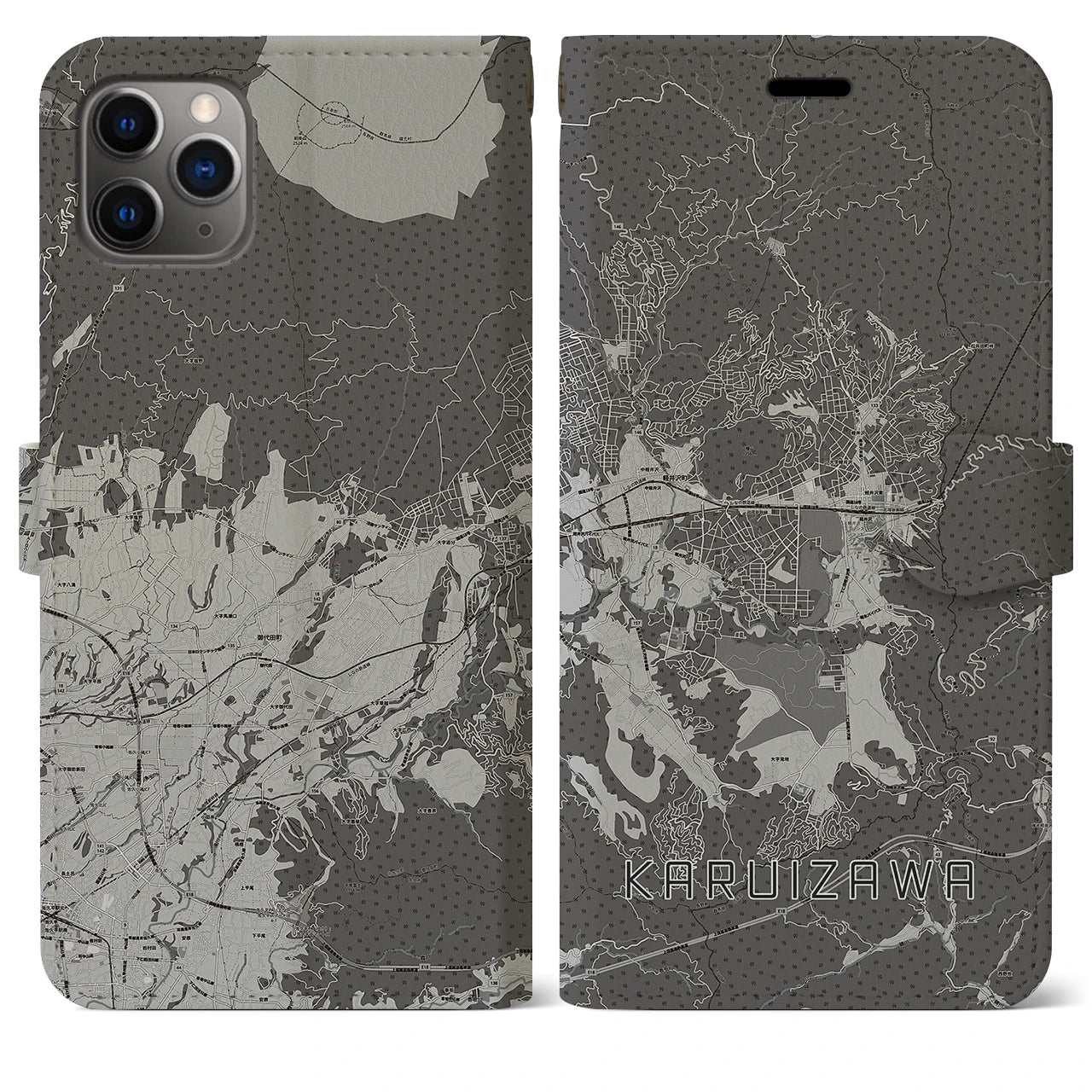 【軽井沢(長野県)】地図柄iPhoneケース(手帳タイプ)モノトーン・iPhone 11 Pro Max 用