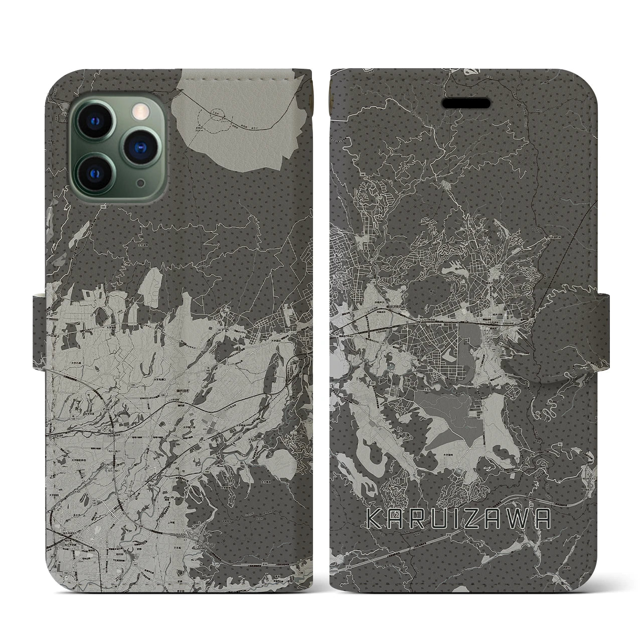 【軽井沢(長野県)】地図柄iPhoneケース(手帳タイプ)モノトーン・iPhone 11 Pro 用