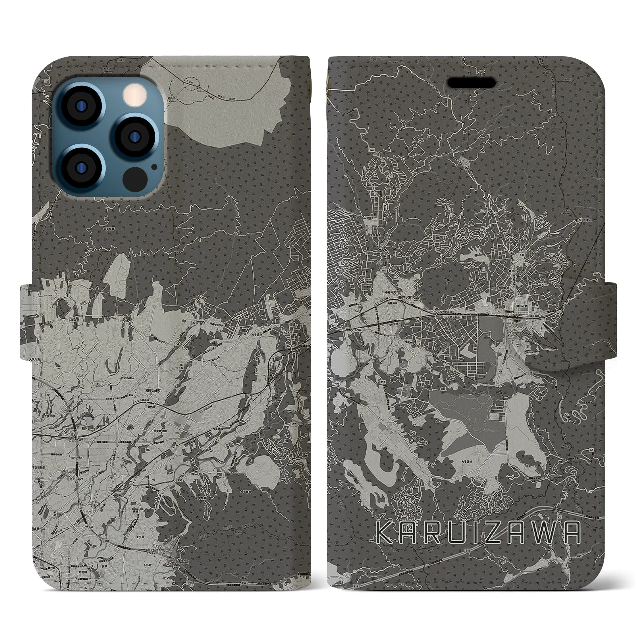 【軽井沢(長野県)】地図柄iPhoneケース(手帳タイプ)モノトーン・iPhone 12 / 12 Pro 用