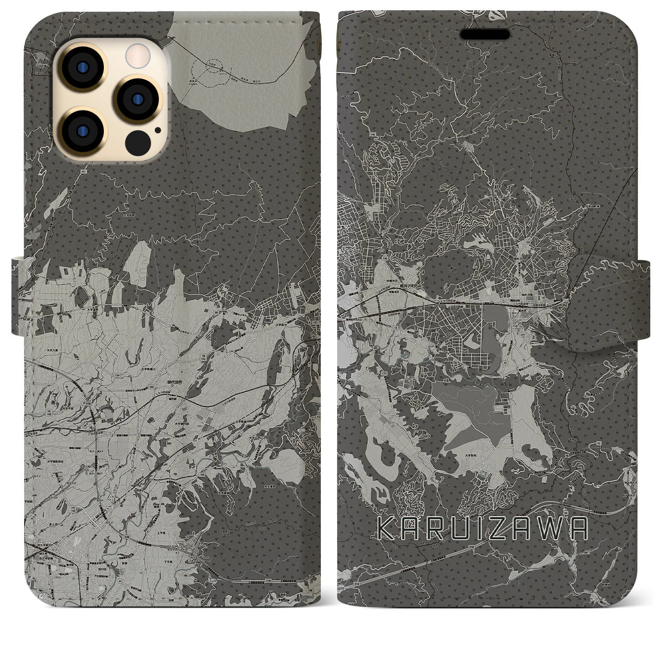 【軽井沢(長野県)】地図柄iPhoneケース(手帳タイプ)モノトーン・iPhone 12 Pro Max 用