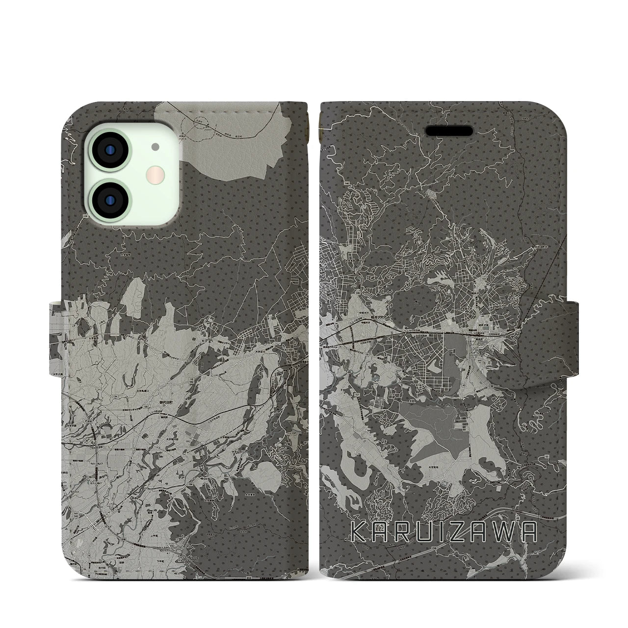 【軽井沢(長野県)】地図柄iPhoneケース(手帳タイプ)モノトーン・iPhone 12 mini 用