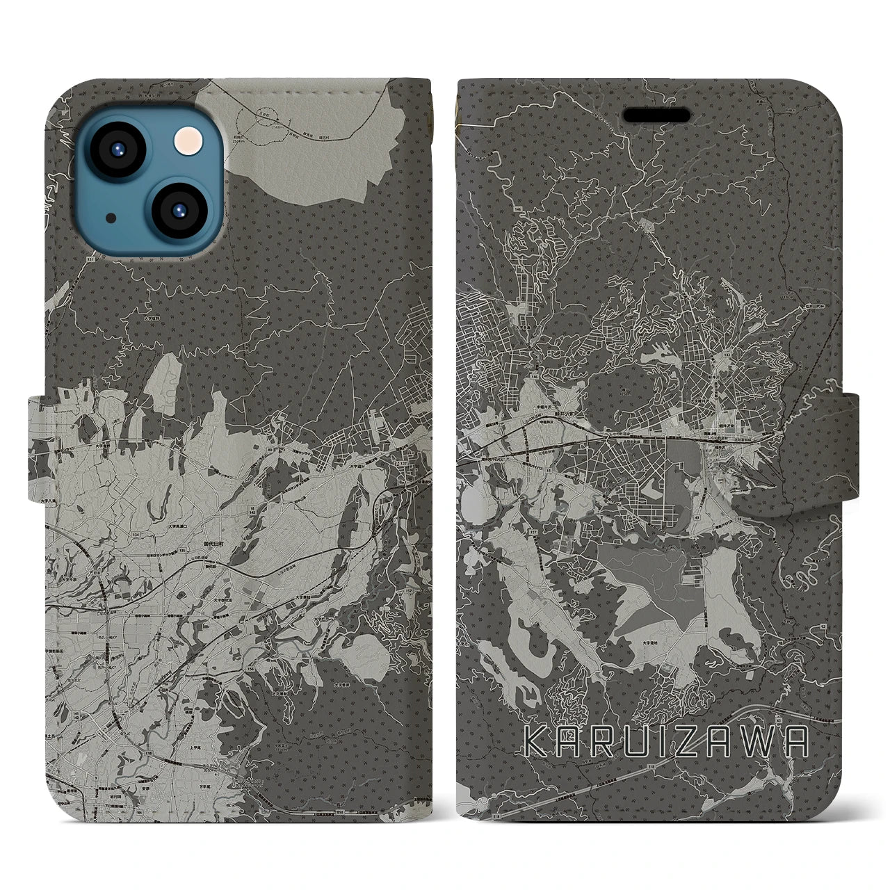 【軽井沢(長野県)】地図柄iPhoneケース(手帳タイプ)モノトーン・iPhone 13 用