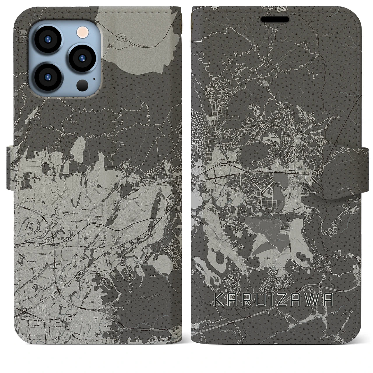 【軽井沢(長野県)】地図柄iPhoneケース(手帳タイプ)モノトーン・iPhone 13 Pro Max 用