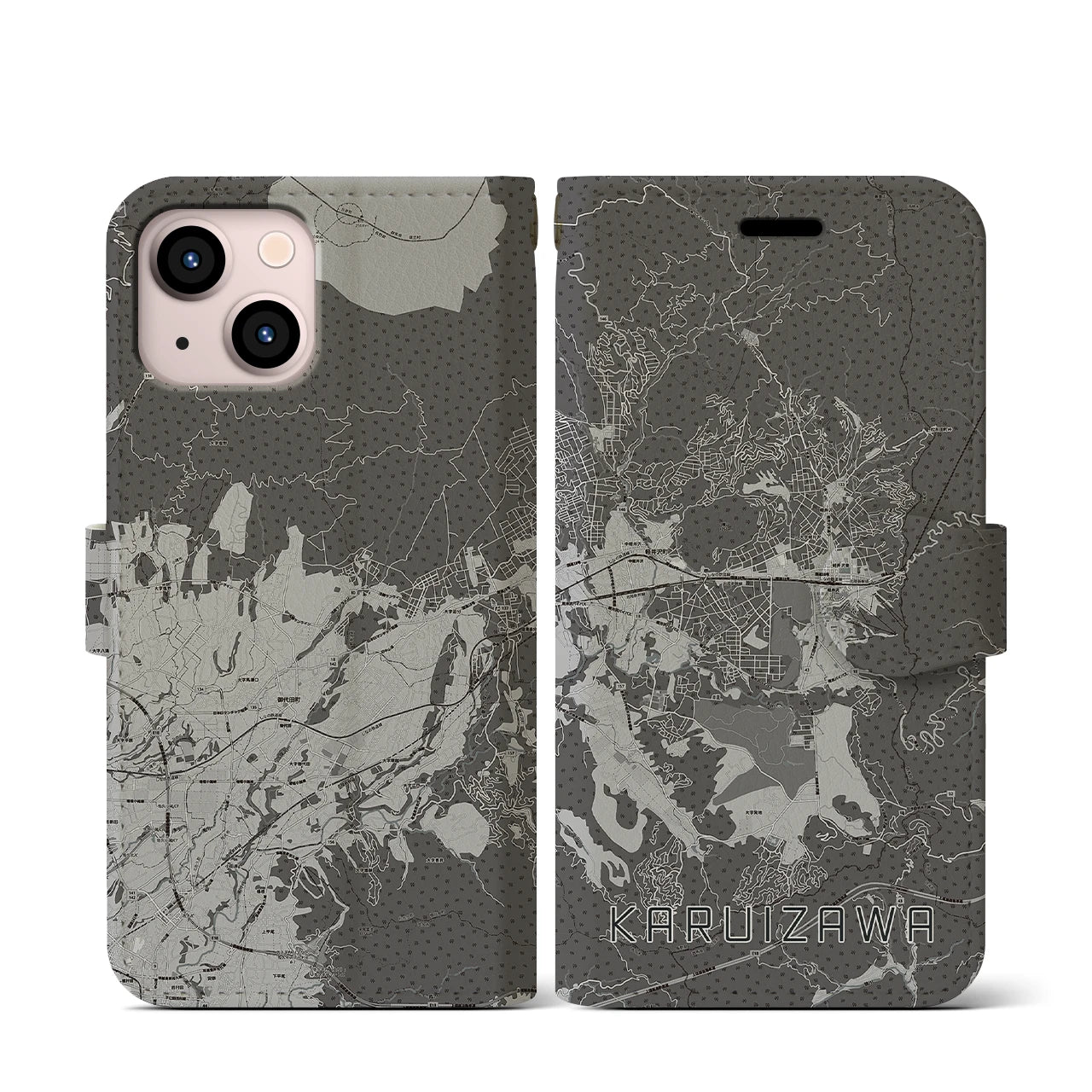 【軽井沢(長野県)】地図柄iPhoneケース(手帳タイプ)モノトーン・iPhone 13 mini 用