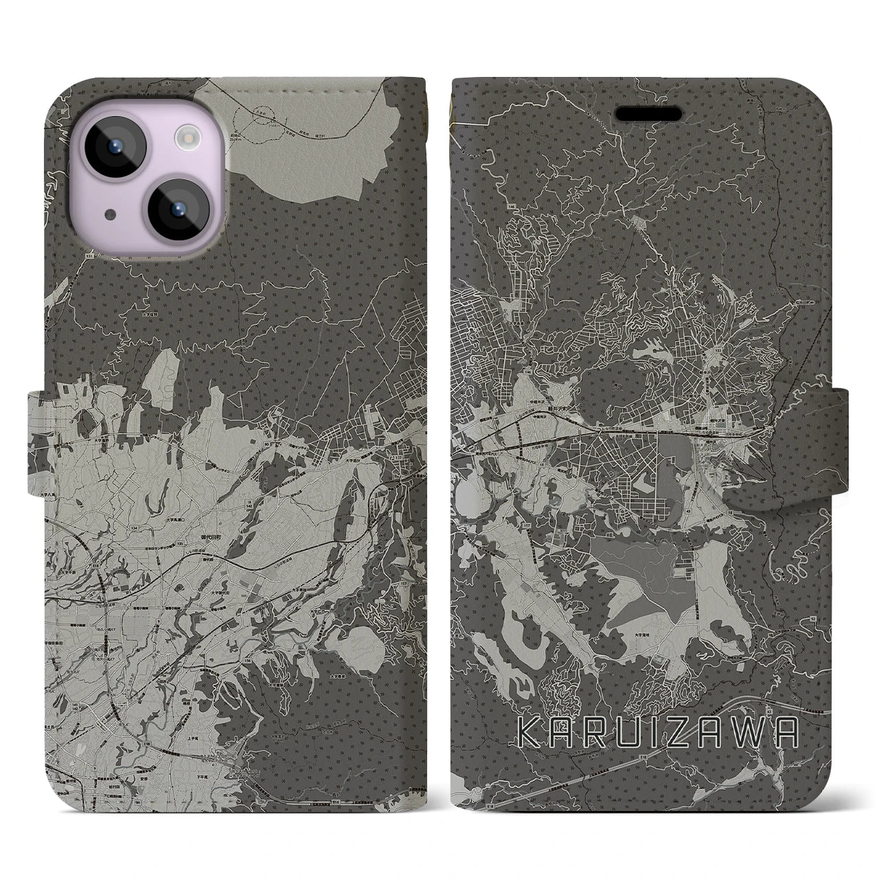 【軽井沢(長野県)】地図柄iPhoneケース(手帳タイプ)モノトーン・iPhone 14 用