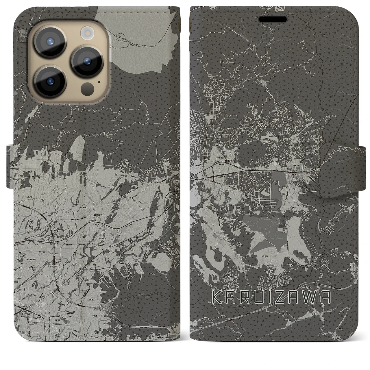【軽井沢(長野県)】地図柄iPhoneケース(手帳タイプ)モノトーン・iPhone 14 Pro Max 用