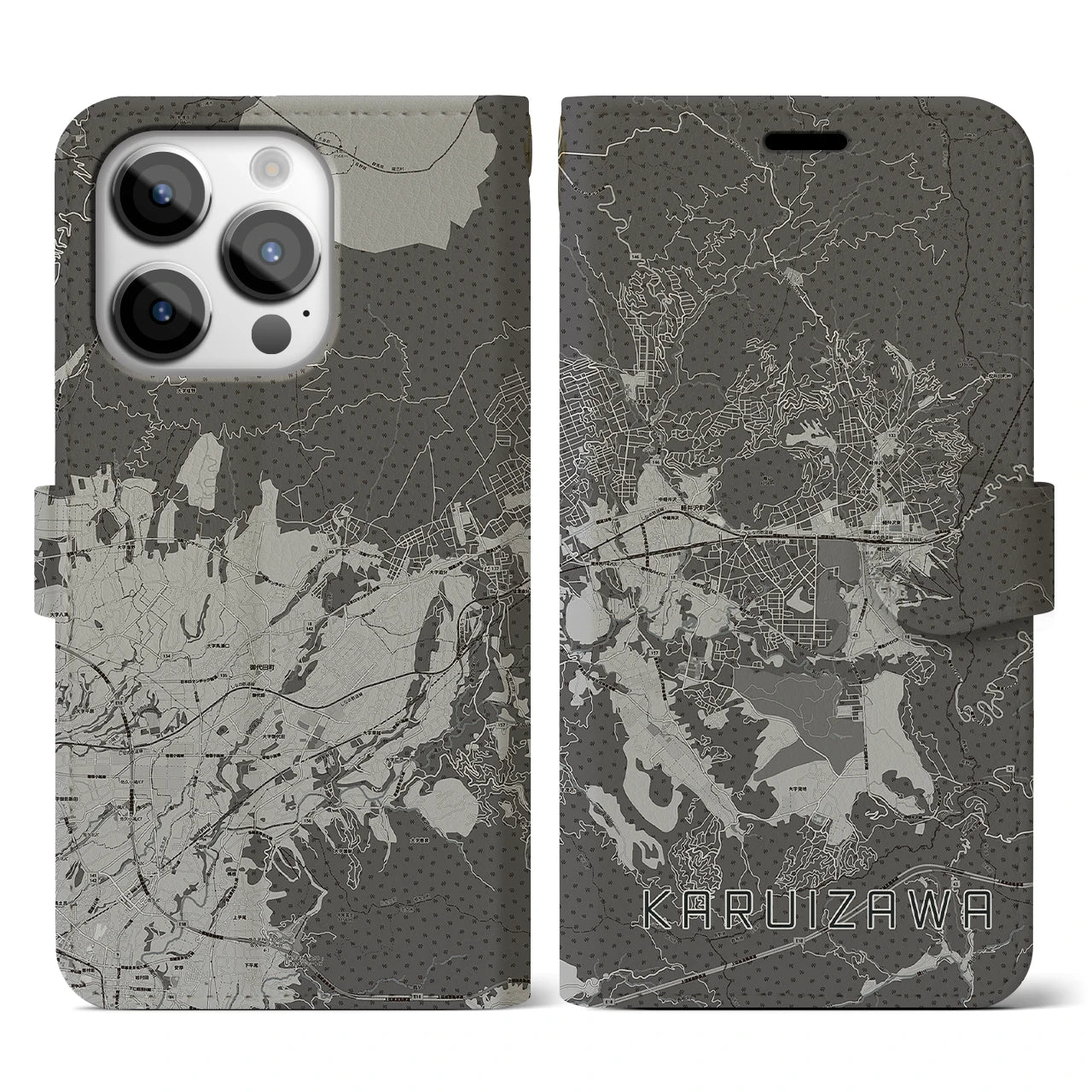 【軽井沢(長野県)】地図柄iPhoneケース(手帳タイプ)モノトーン・iPhone 14 Pro 用