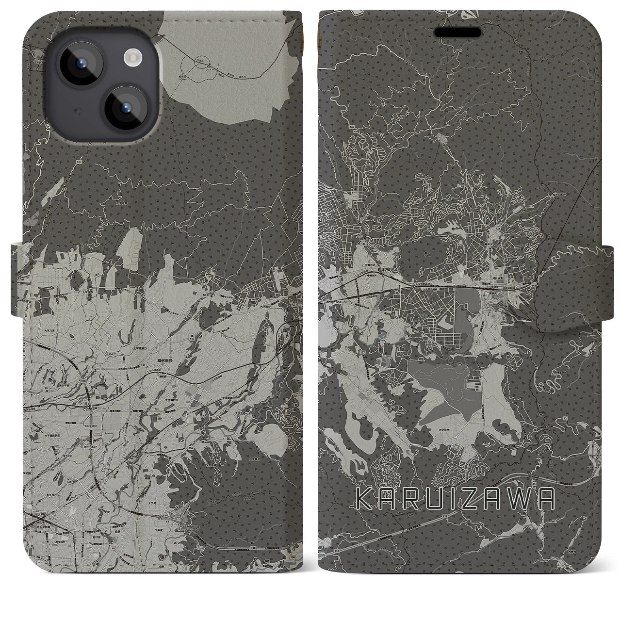 【軽井沢(長野県)】地図柄iPhoneケース(手帳タイプ)モノトーン・iPhone 14 Plus 用