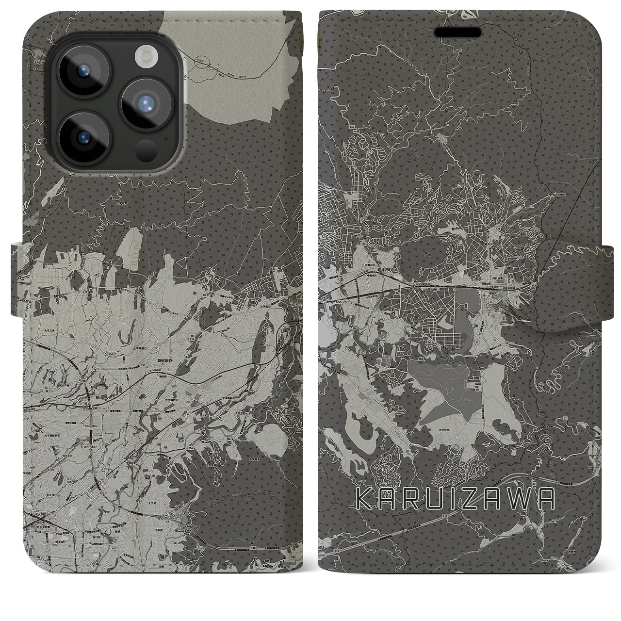 【軽井沢(長野県)】地図柄iPhoneケース(手帳タイプ)モノトーン・iPhone 15 Pro Max 用