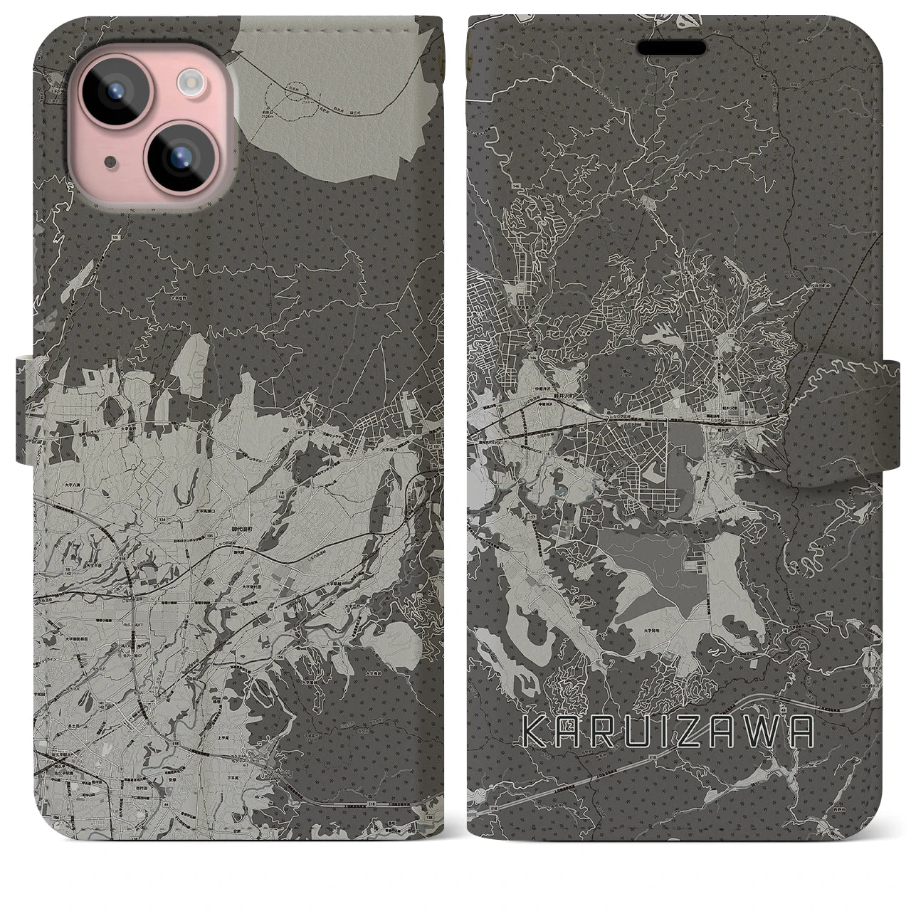 【軽井沢(長野県)】地図柄iPhoneケース(手帳タイプ)モノトーン・iPhone 15 Plus 用