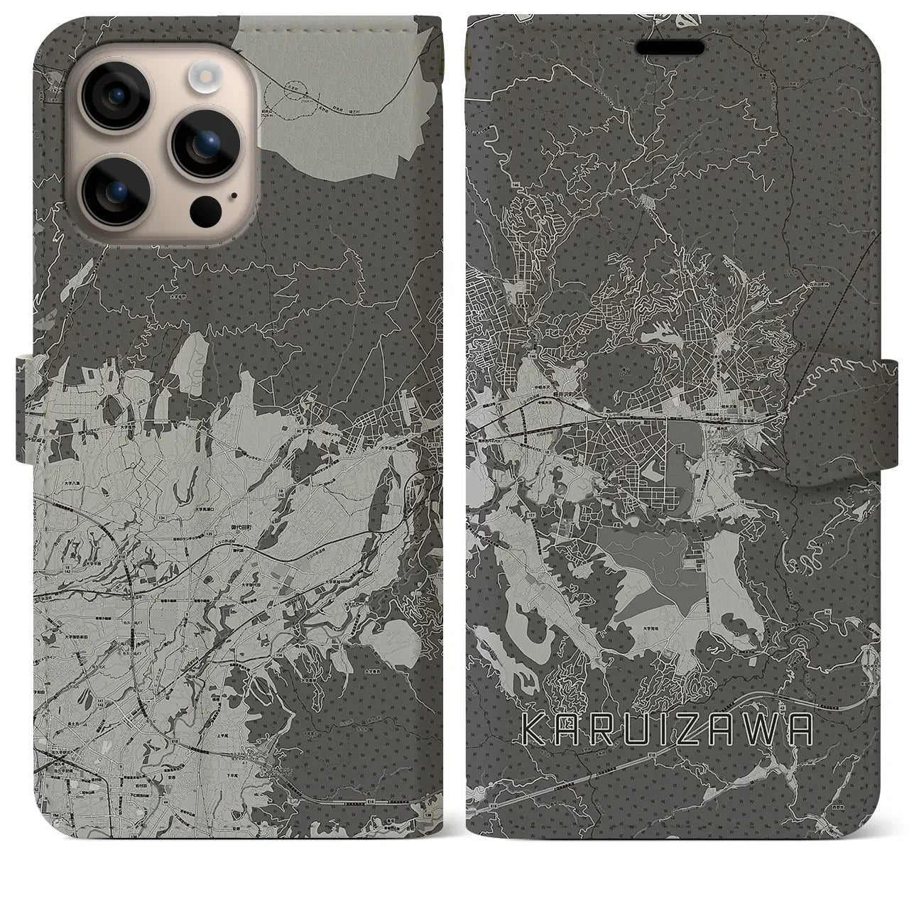 【軽井沢(長野県)】地図柄iPhoneケース(手帳タイプ)モノトーン・iPhone 16 Plus 用