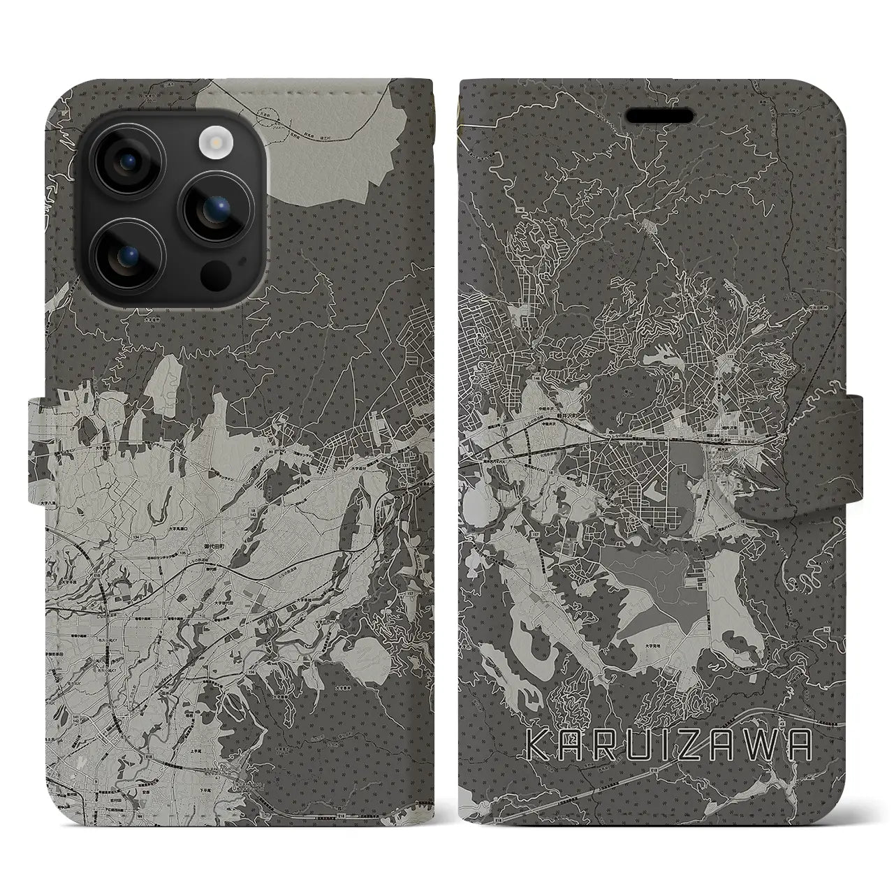 【軽井沢(長野県)】地図柄iPhoneケース(手帳タイプ)モノトーン・iPhone 16 用