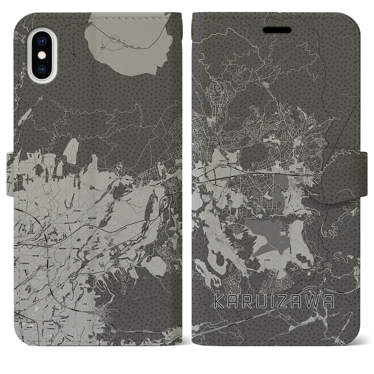 【軽井沢(長野県)】地図柄iPhoneケース(手帳タイプ)モノトーン・iPhone XS Max 用