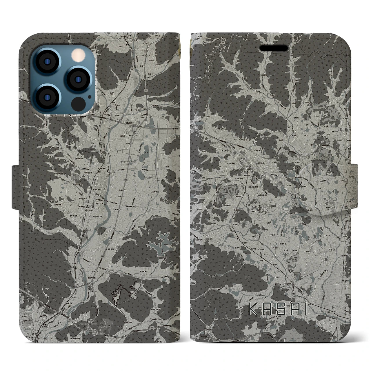 【加西(兵庫県)】地図柄iPhoneケース(手帳タイプ)モノトーン・iPhone 12 / 12 Pro 用